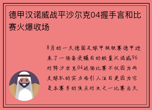 德甲汉诺威战平沙尔克04握手言和比赛火爆收场