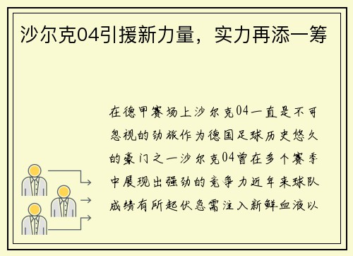 沙尔克04引援新力量，实力再添一筹