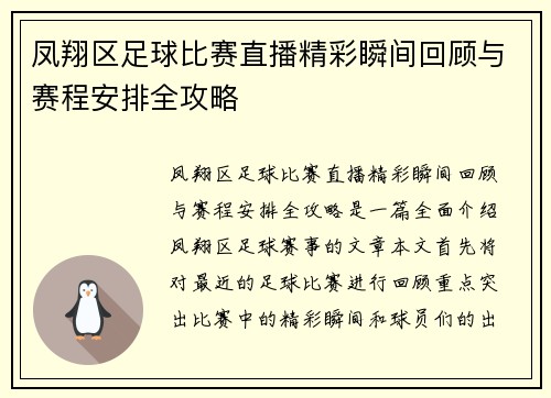 凤翔区足球比赛直播精彩瞬间回顾与赛程安排全攻略
